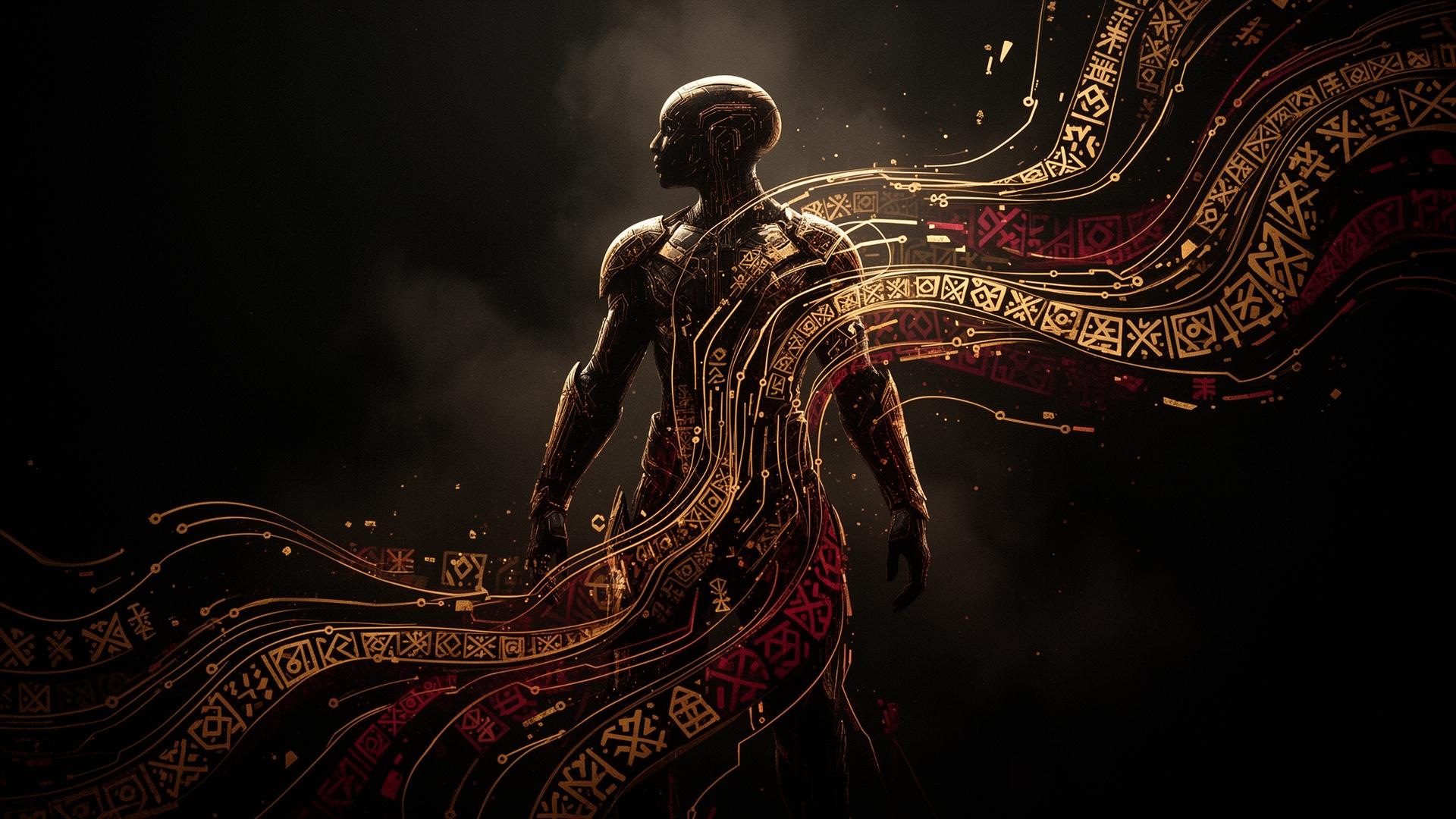 Afro-futuristic warrior silhouette woven with circuit patterns